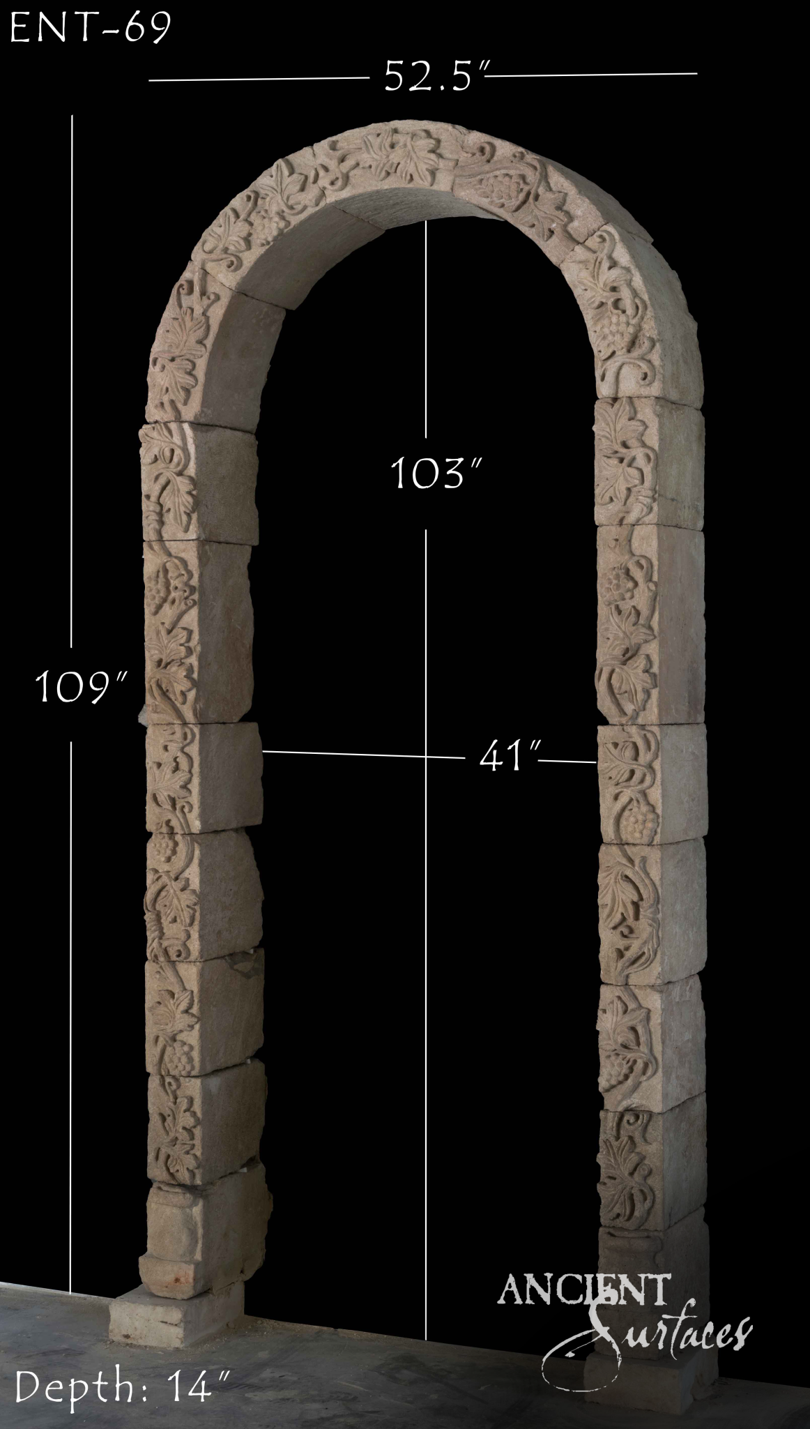 Freestanding round limestone arch carved all over with foliate scrollwork