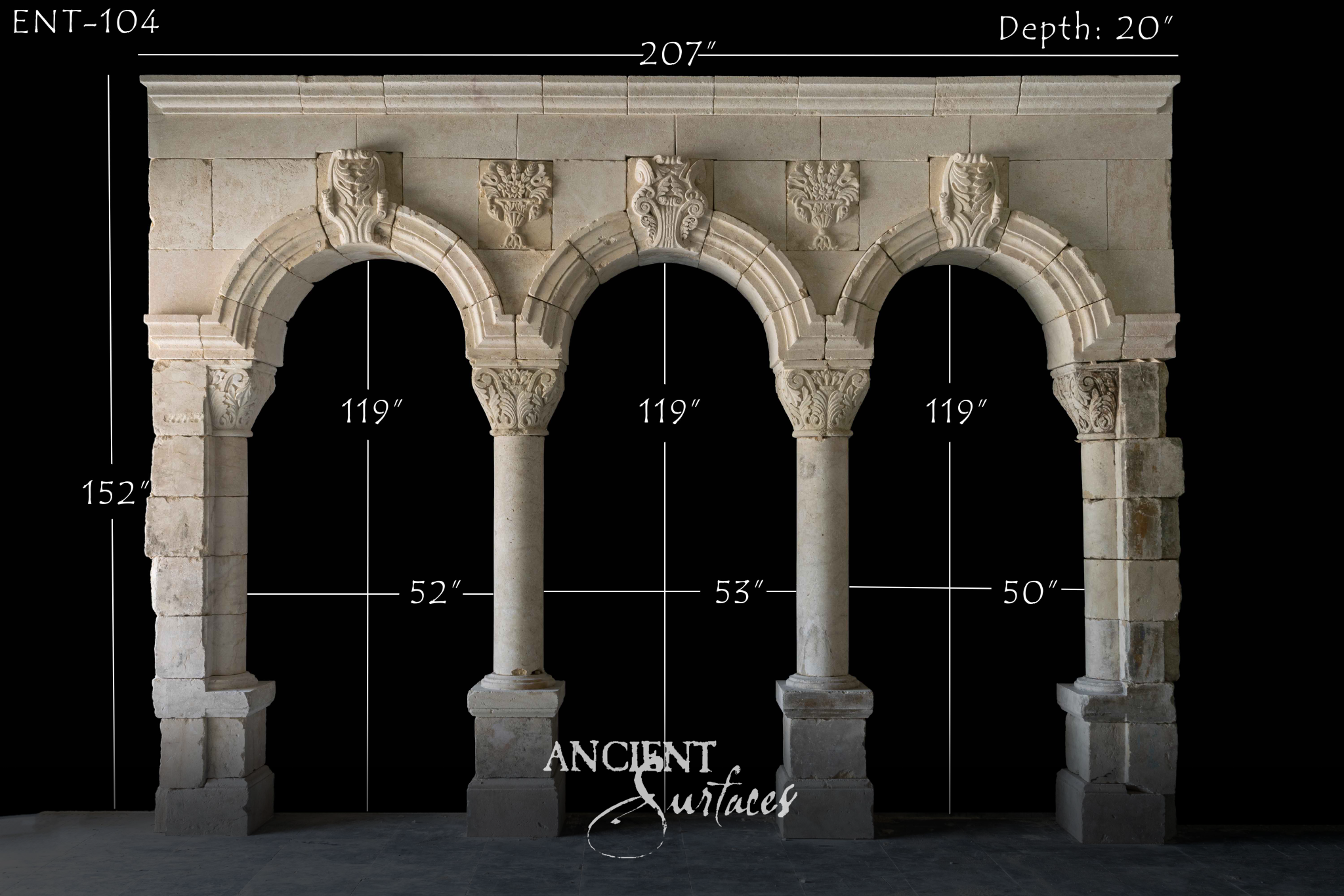 Reclaimed antique limestone arch marking a grand entrance with weathered patina
